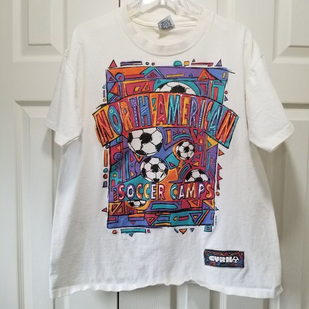 Vintage Soccer camp T-Shirt kids size L Cyrk White Tee 90's Colorful